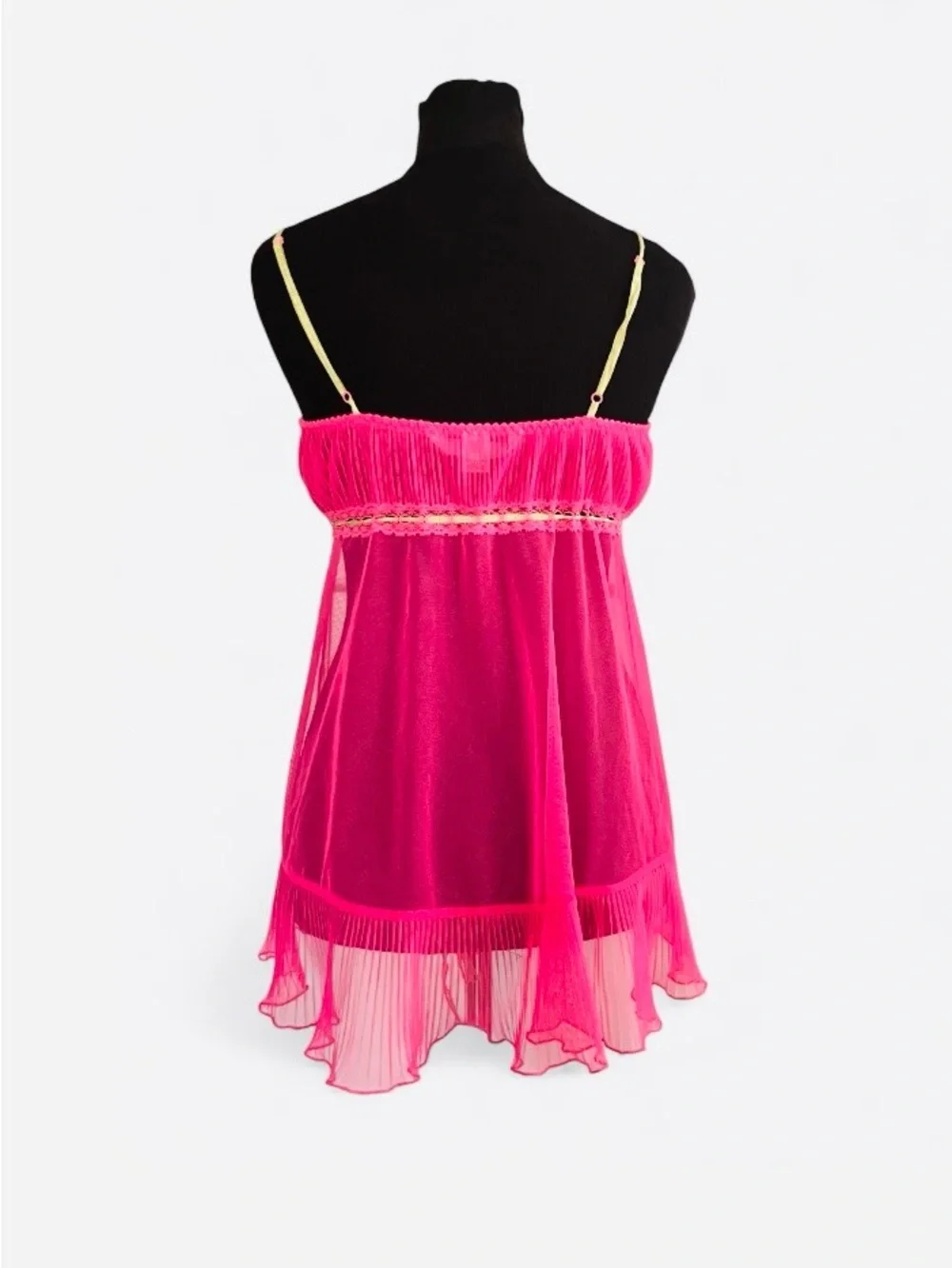 Victoria Secret Vintage Sheer Pink Babydoll Chemise with Yellow Contrast Trim